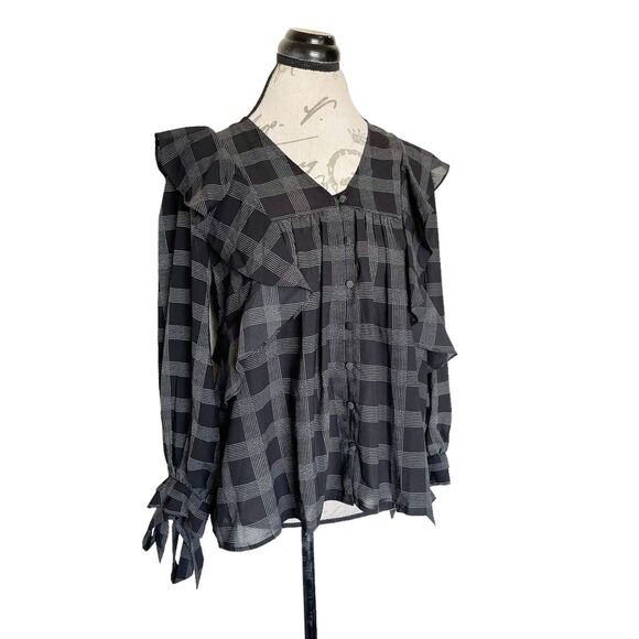 Loft Blouse Size XS Plaid Ruffle Button Long Sleeves Bohowestern Rodeo Western - Picture 3 of 15
